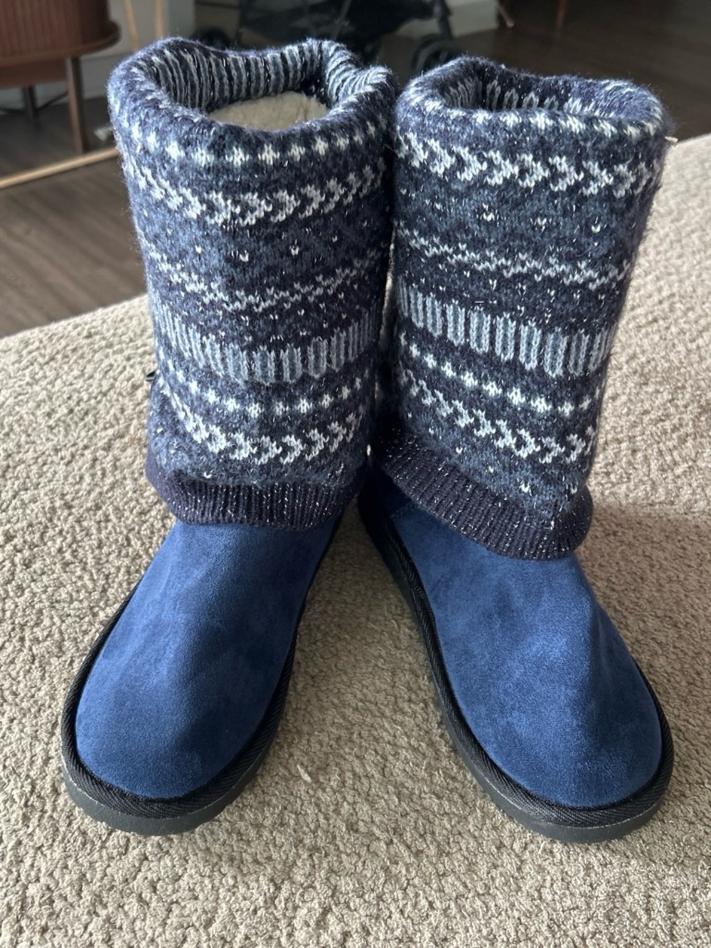 Muk Luks Navy Suede Knit-Cuff Winter Boots